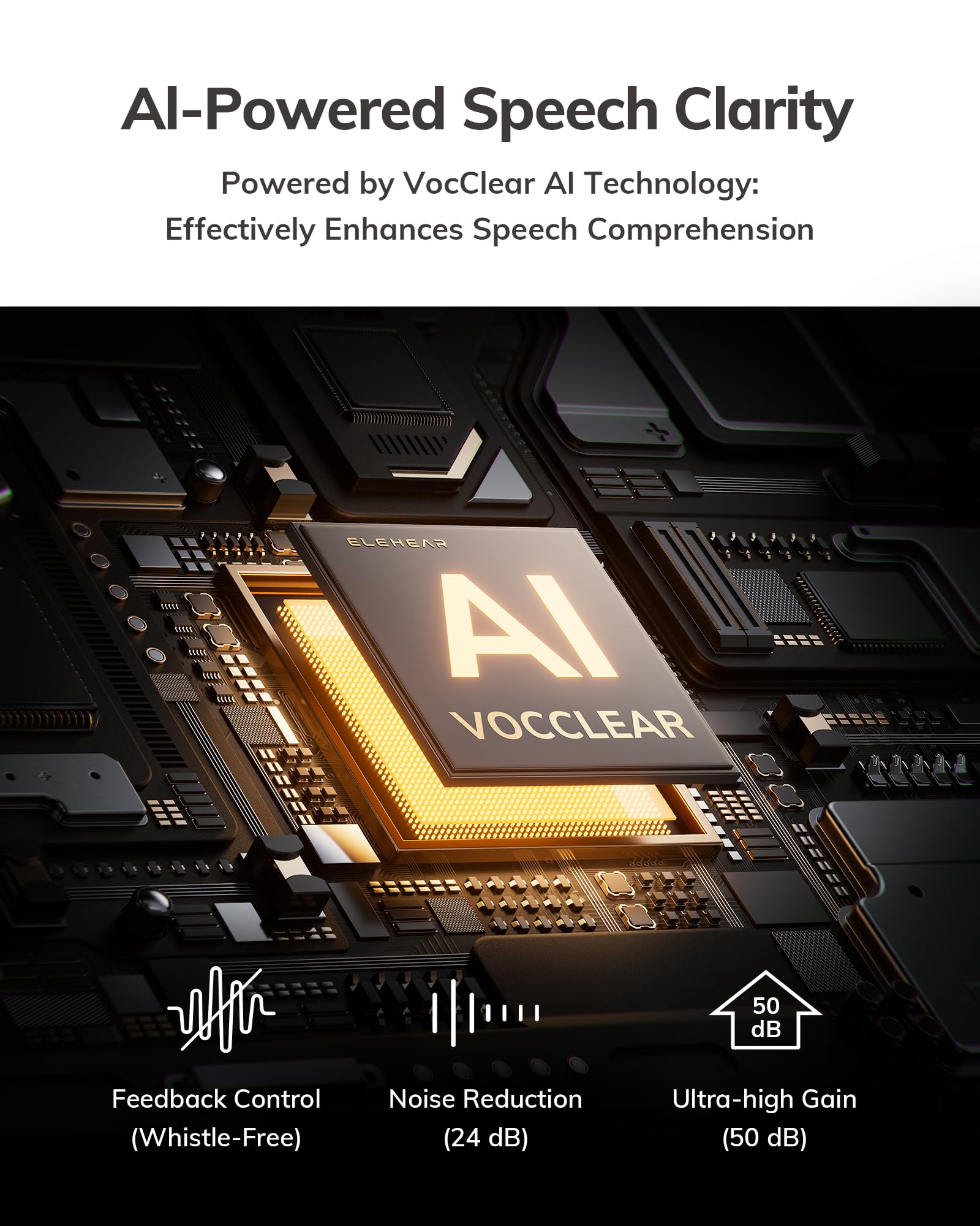 ELEHEAR etiqueta con tecnologías VocClear AI y características clave