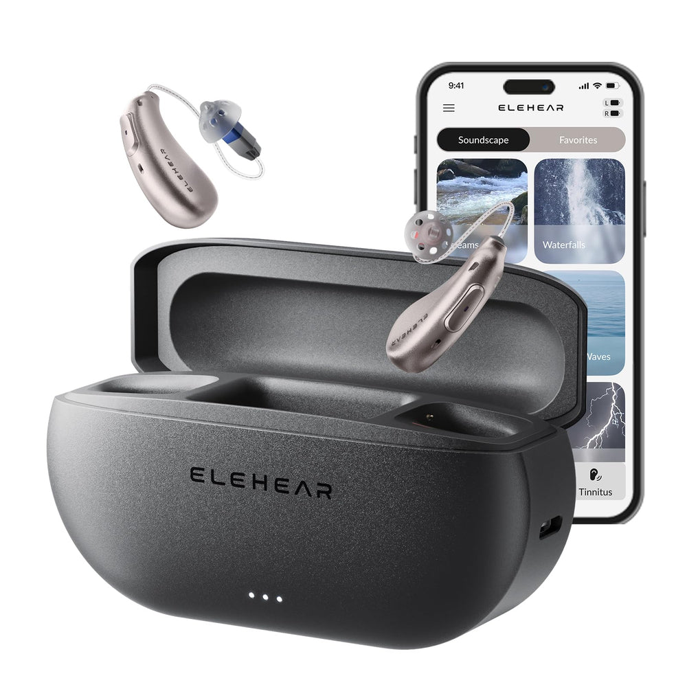 ELEHEAR auriculares frontales y estuche mostrando diseño elegante y discreción