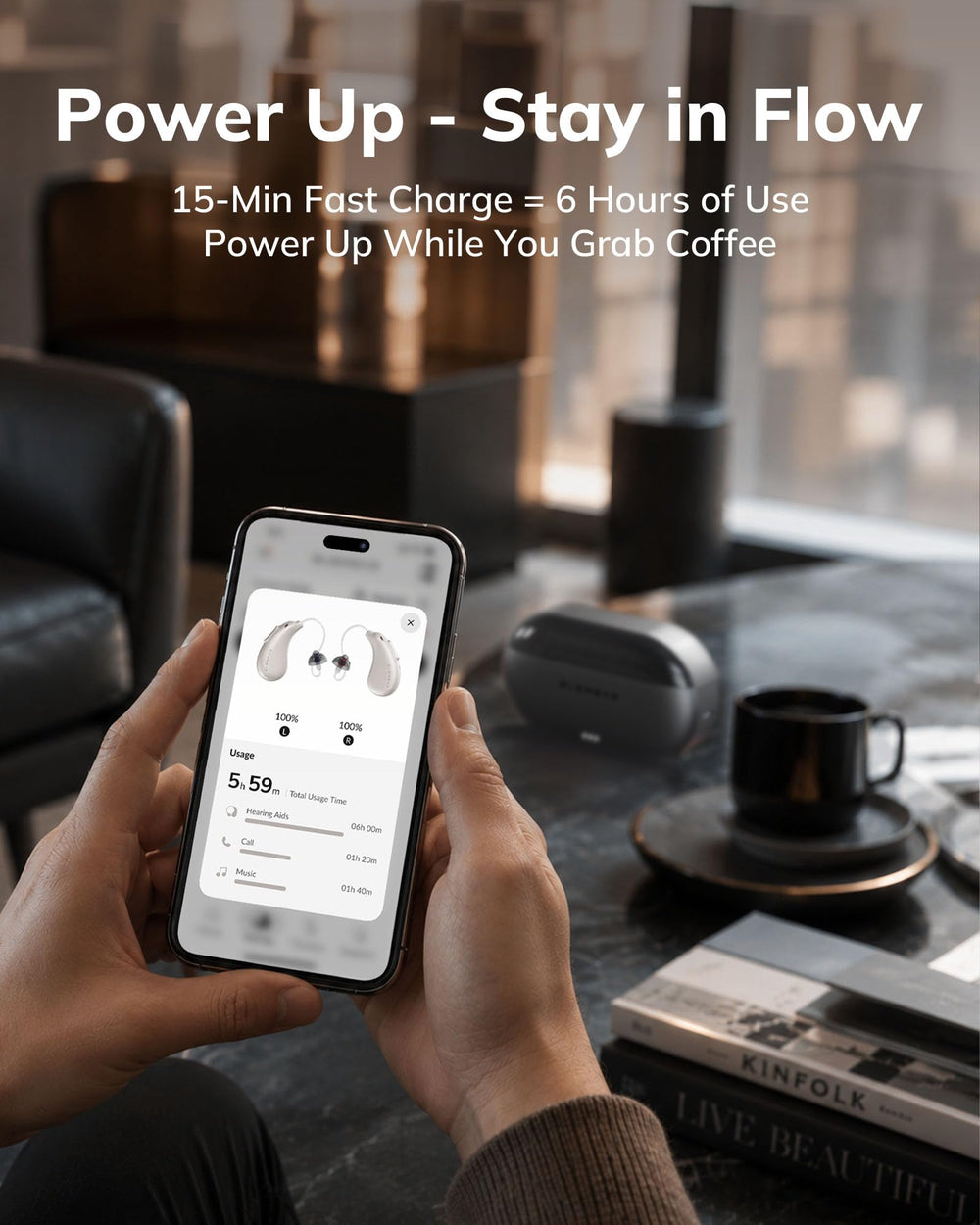 ELEHEAR app móvil mostrando controles intuitivos para ajuste rápido