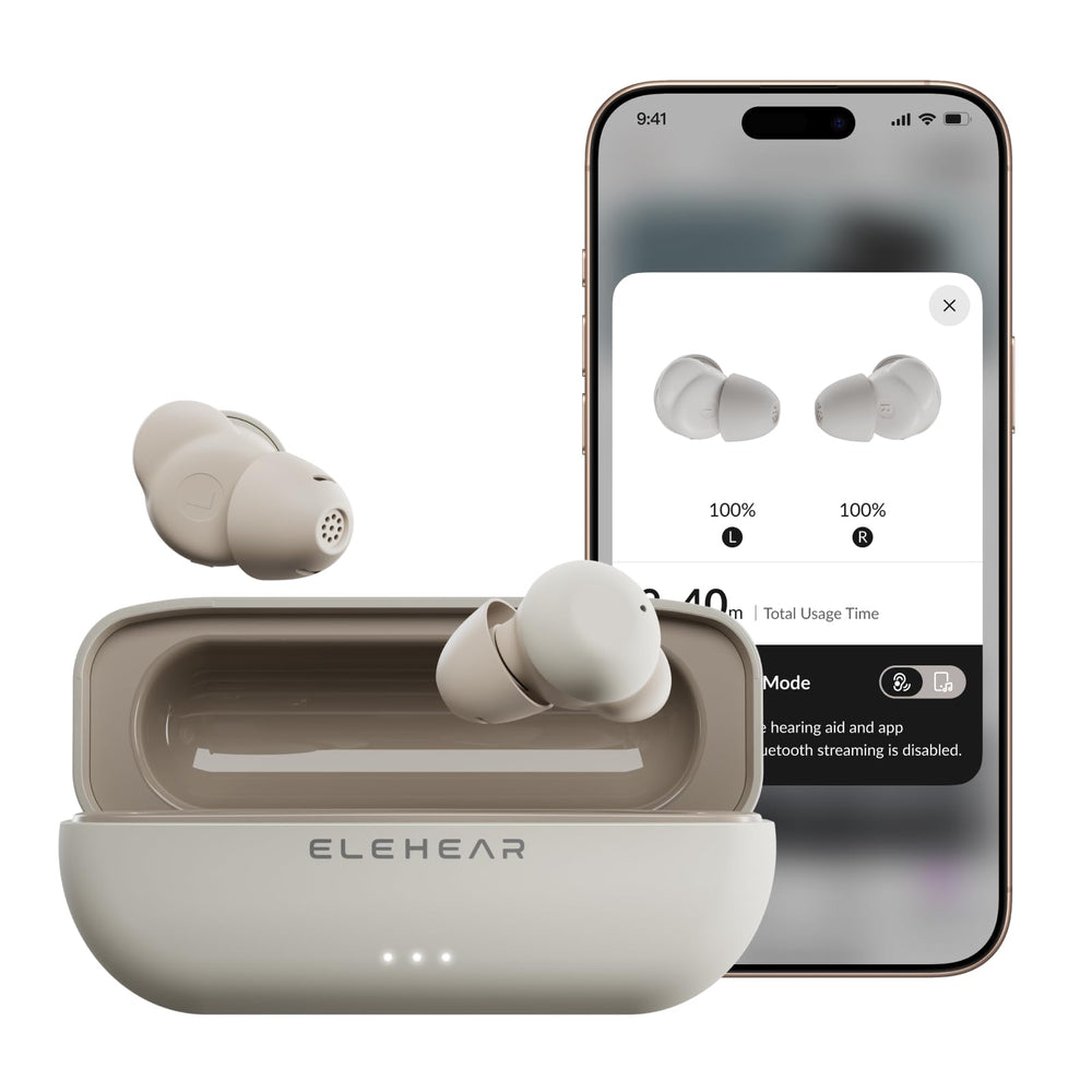 ELEHEAR audífonos frontal del empaque muestra color sand white y marca