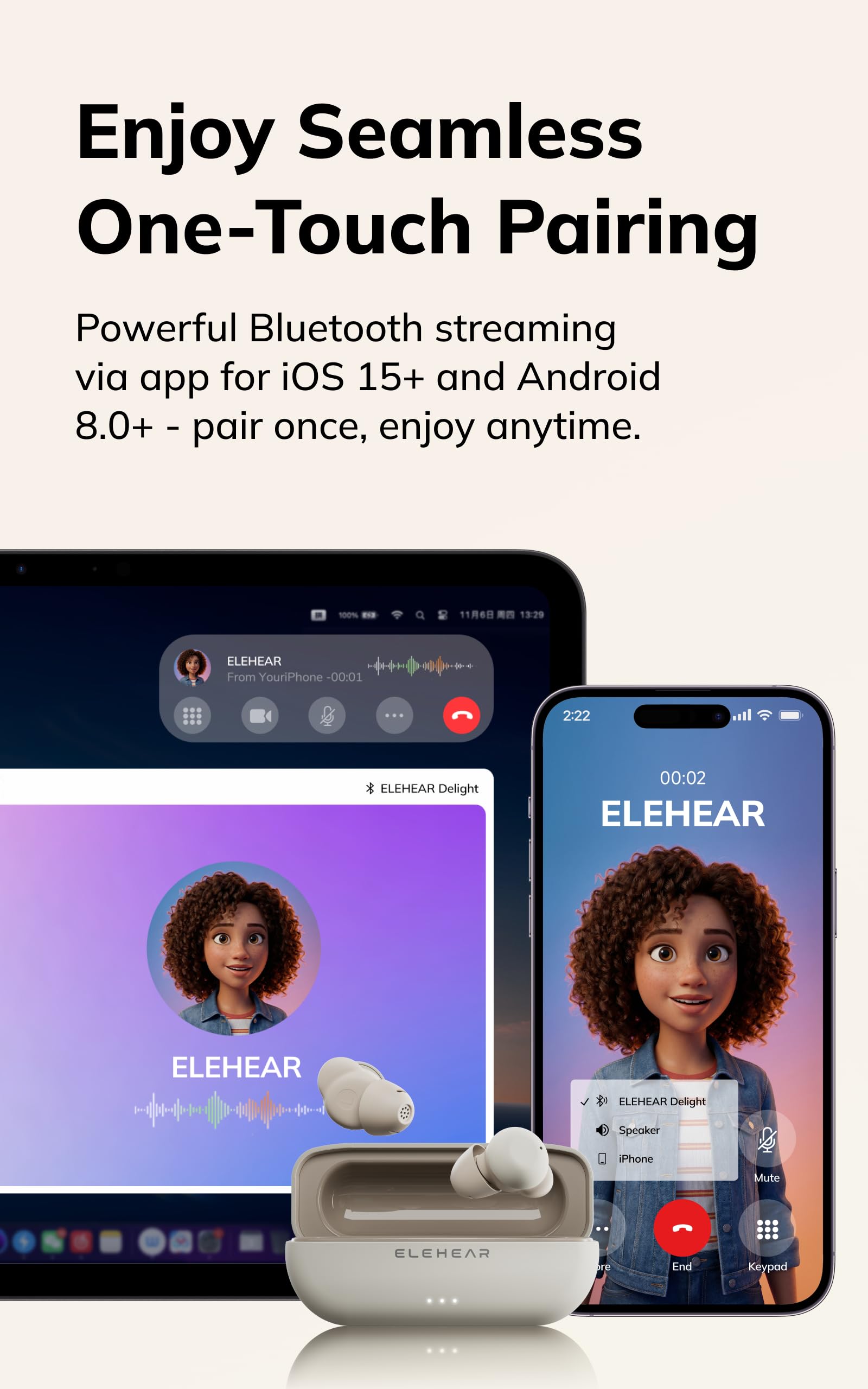 ELEHEAR Delight tamaño comparado con mano destacando su perfil casi invisible