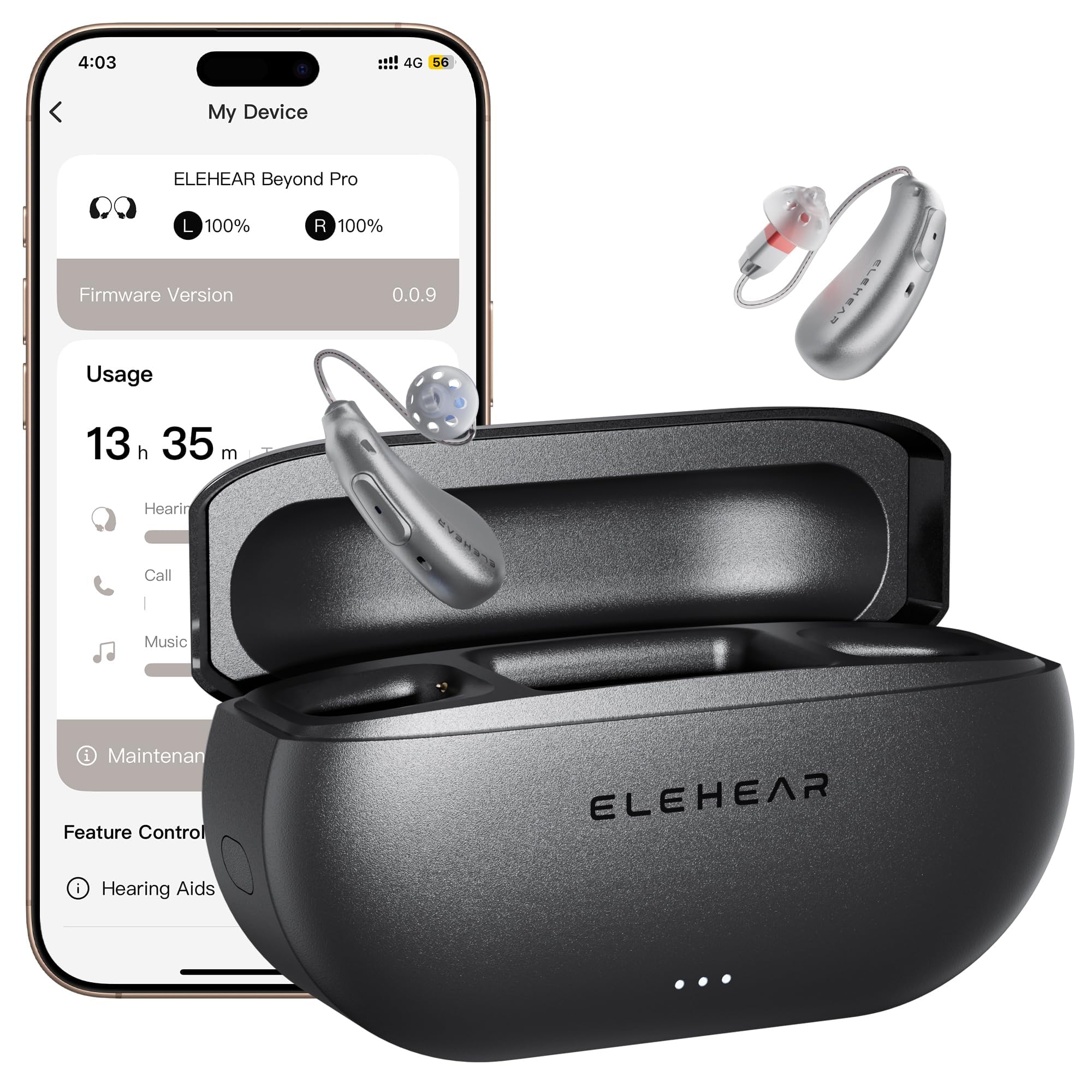 ELEHEAR paquete frontal mostrando audífonos y funda con claridad visual