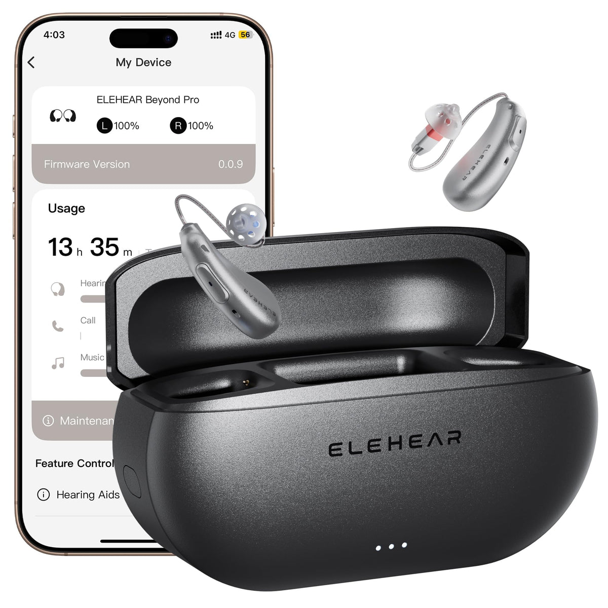 ELEHEAR paquete frontal mostrando audífonos y funda con claridad visual