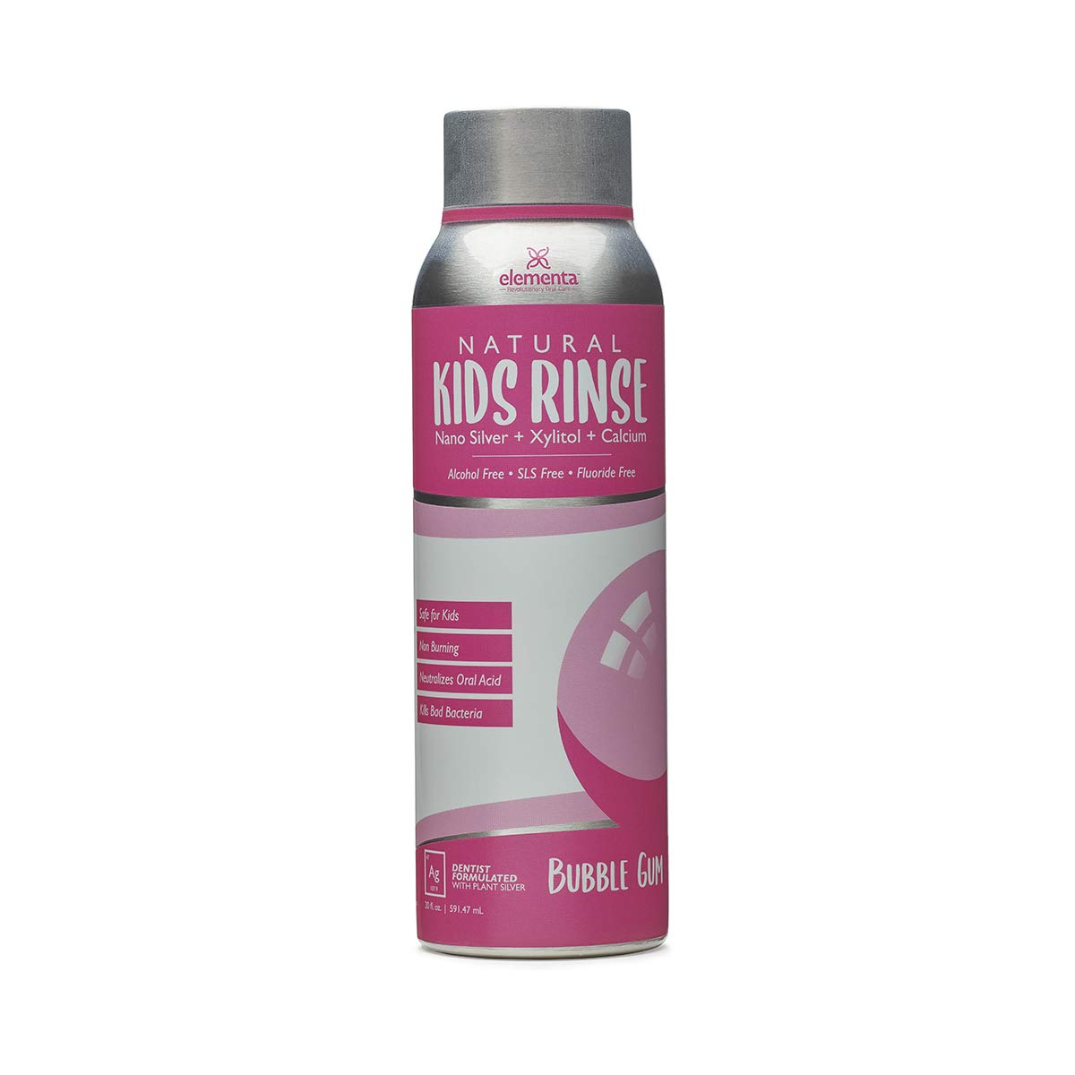 Elementa Silver enjuague frontal 20 oz mostrando el envase y el sabor chicle