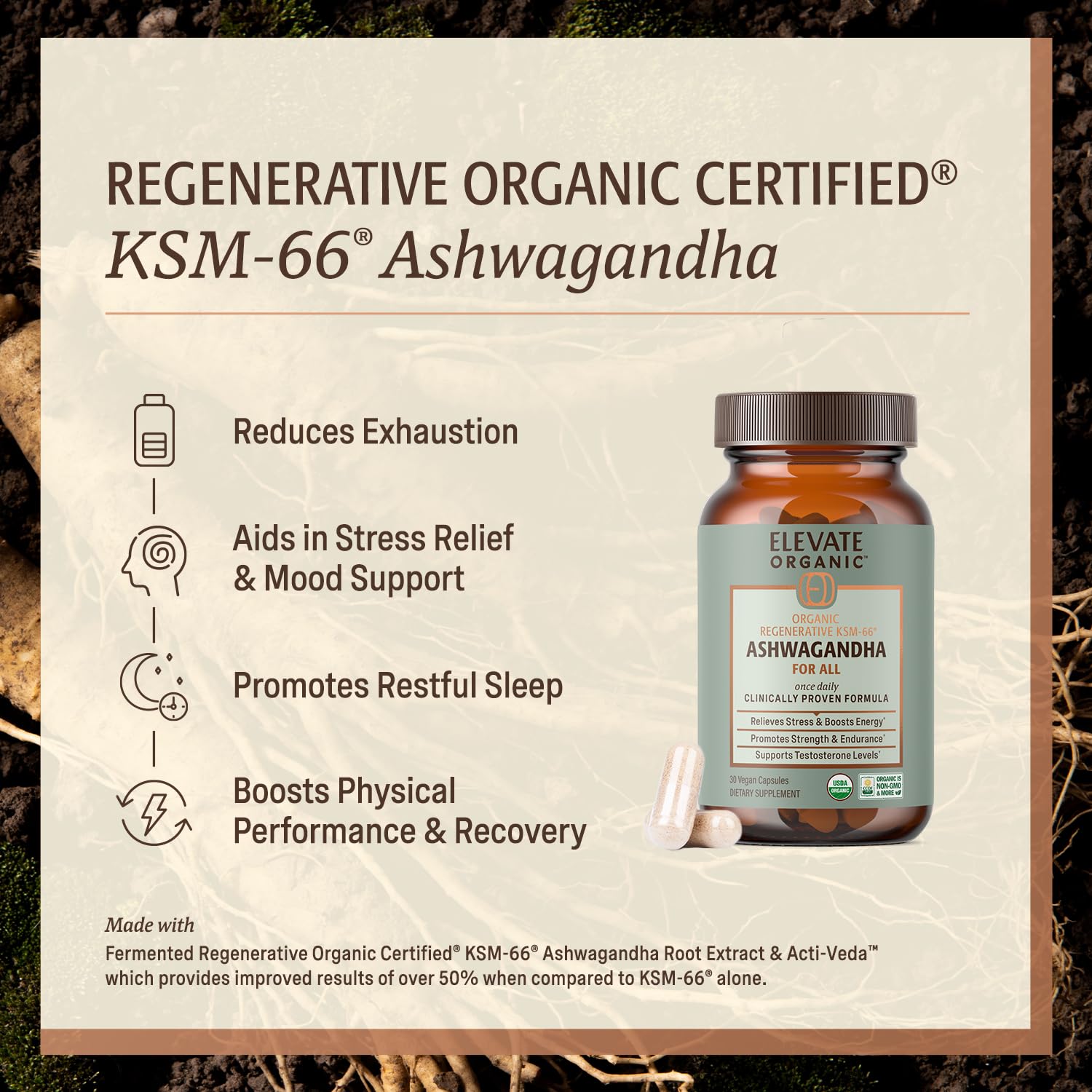ELEVATE ORGANIC primer plano de cápsula que revela textura y calidad de formulación