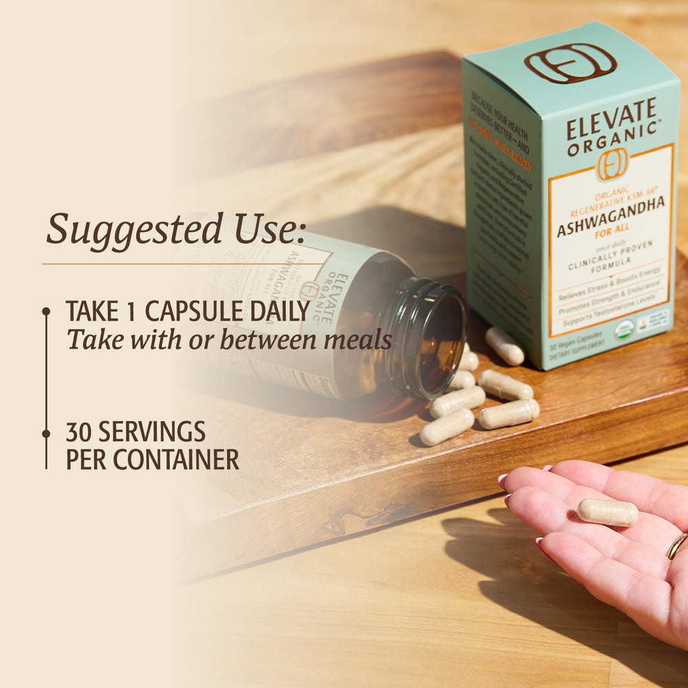 ELEVATE ORGANIC frasco junto a moneda para comparar tamaño y dosis por envase