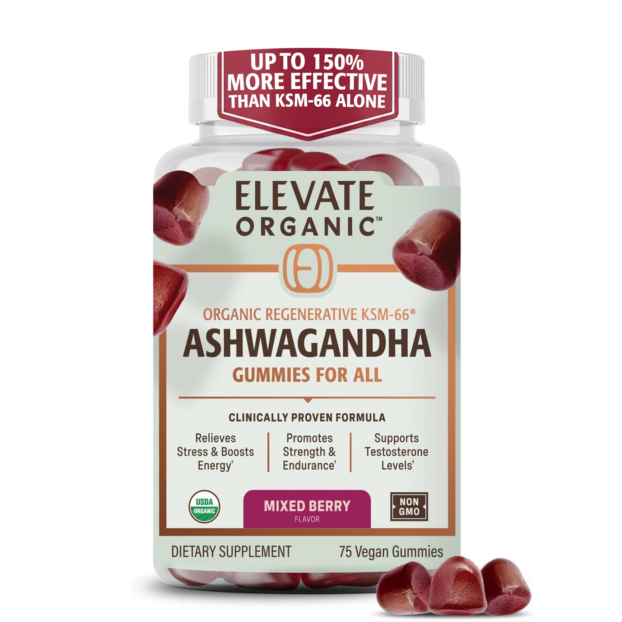 ELEVATE ORGANIC frasco frontal mostrando gomitas berry y certificaciones