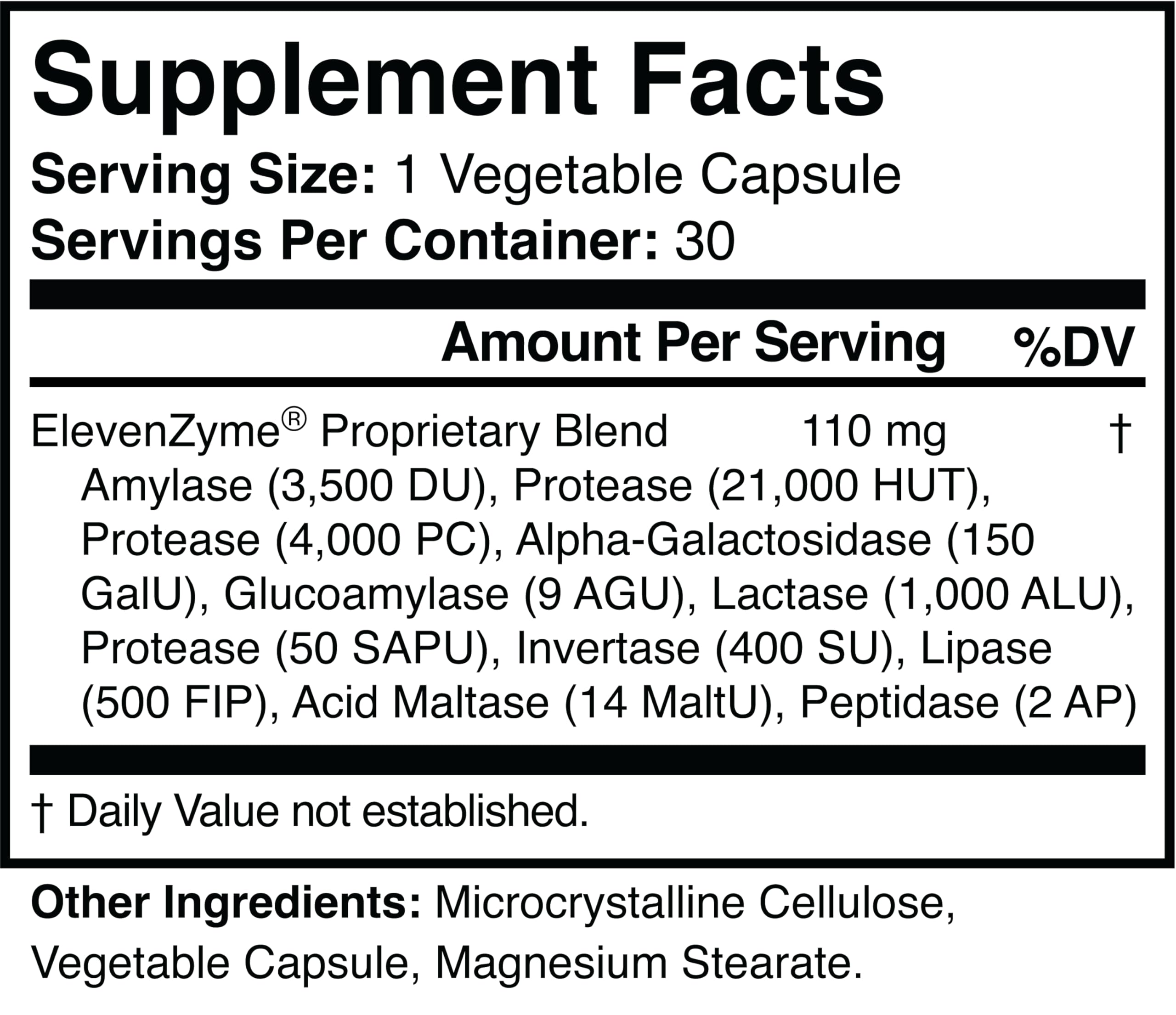 ElevenZyme etiqueta con lista de 11 enzimas para digestión equilibrada