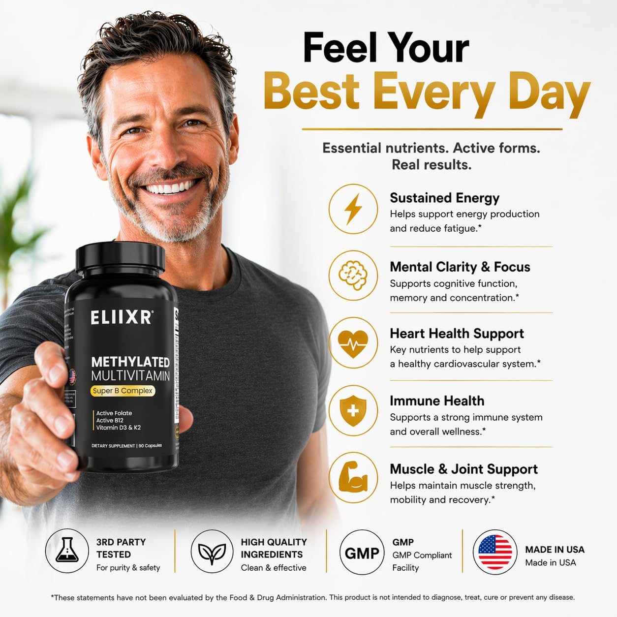 Ingredientes clave Eliixr: CoQ10 y 5‑MTHF para soporte energético y folato activo