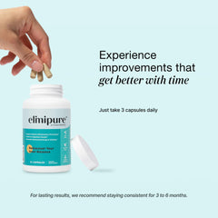 Elimipure caja abierta con cápsulas sobre fondo neutro, beneficio: 30 porciones