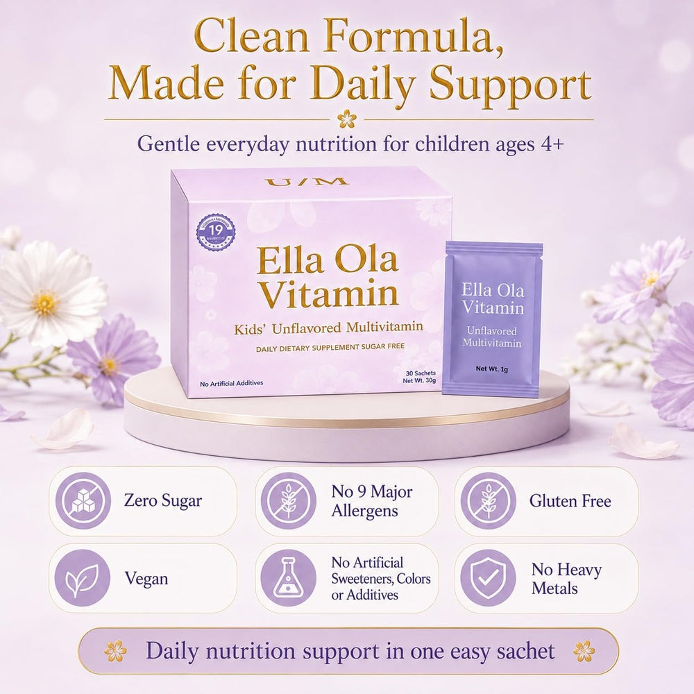 Ella Ola Vitamin etiqueta con lista de vitaminas y frutas para transparencia de ingredientes