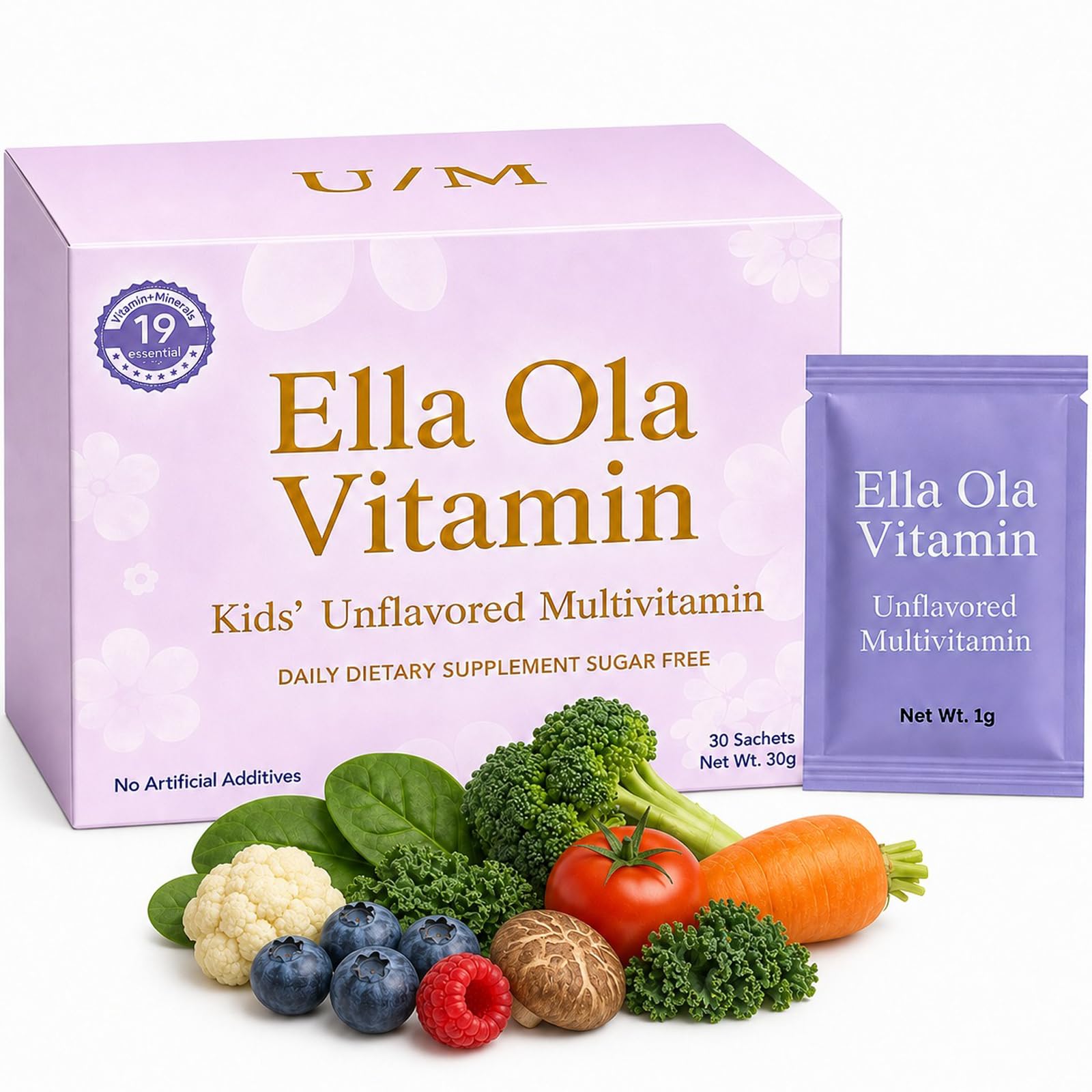 Ella Ola Vitamin frente del paquete mostrando 30 sobres y beneficio de uso mensual