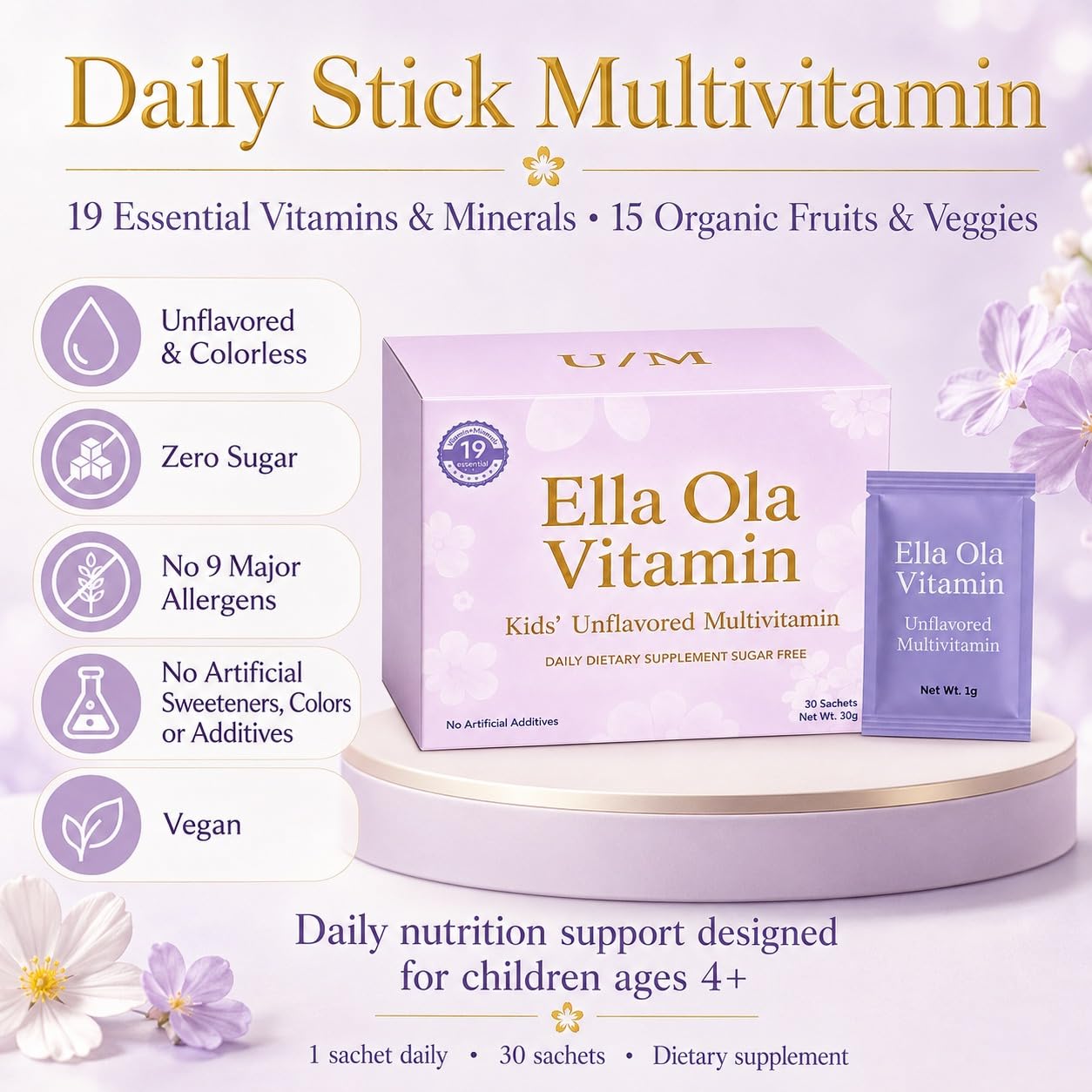 Ella Ola Vitamin primer plano del polvo sin sabor mostrando textura fina y disolución rápida