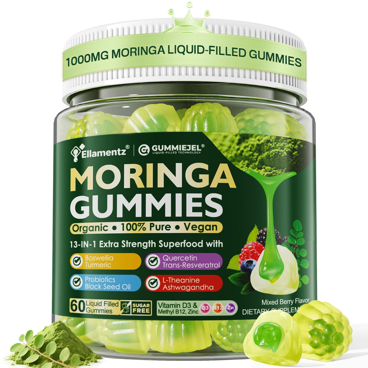 ELLAMENTZ empaque frontal mostrando gomitas veganas y beneficios