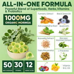 ELLAMENTZ disposición de ingredientes clave como moringa y cúrcuma
