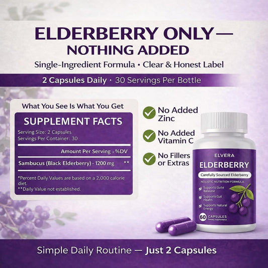 ELVERA cápsulas de Elderberry en primer plano mostrando textura fácil de tragar y pureza