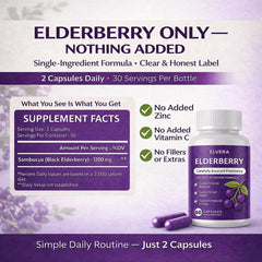 ELVERA cápsulas de Elderberry en primer plano mostrando textura fácil de tragar y pureza