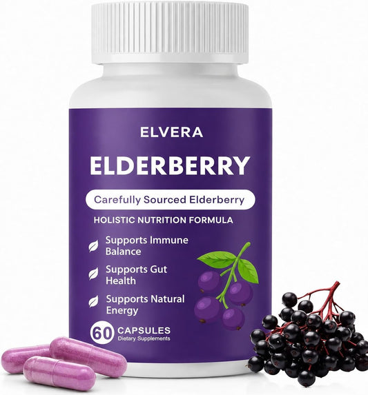 ELVERA envase frontal de Elderberry con etiqueta clara y beneficio de equilibrio digestivo