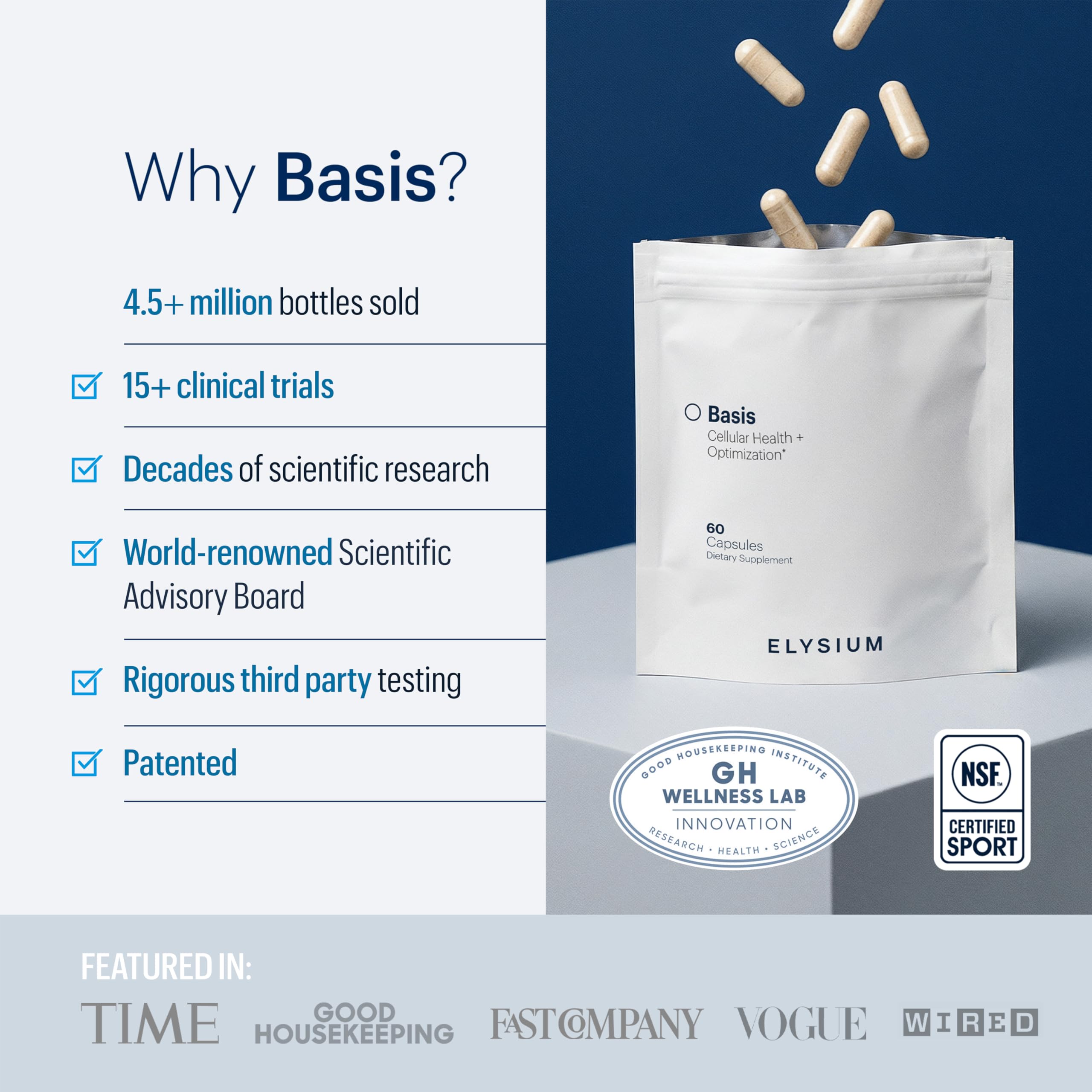 ELYSIUM Basis envase junto a alimentos saludables ilustrando integración en estilo de vida