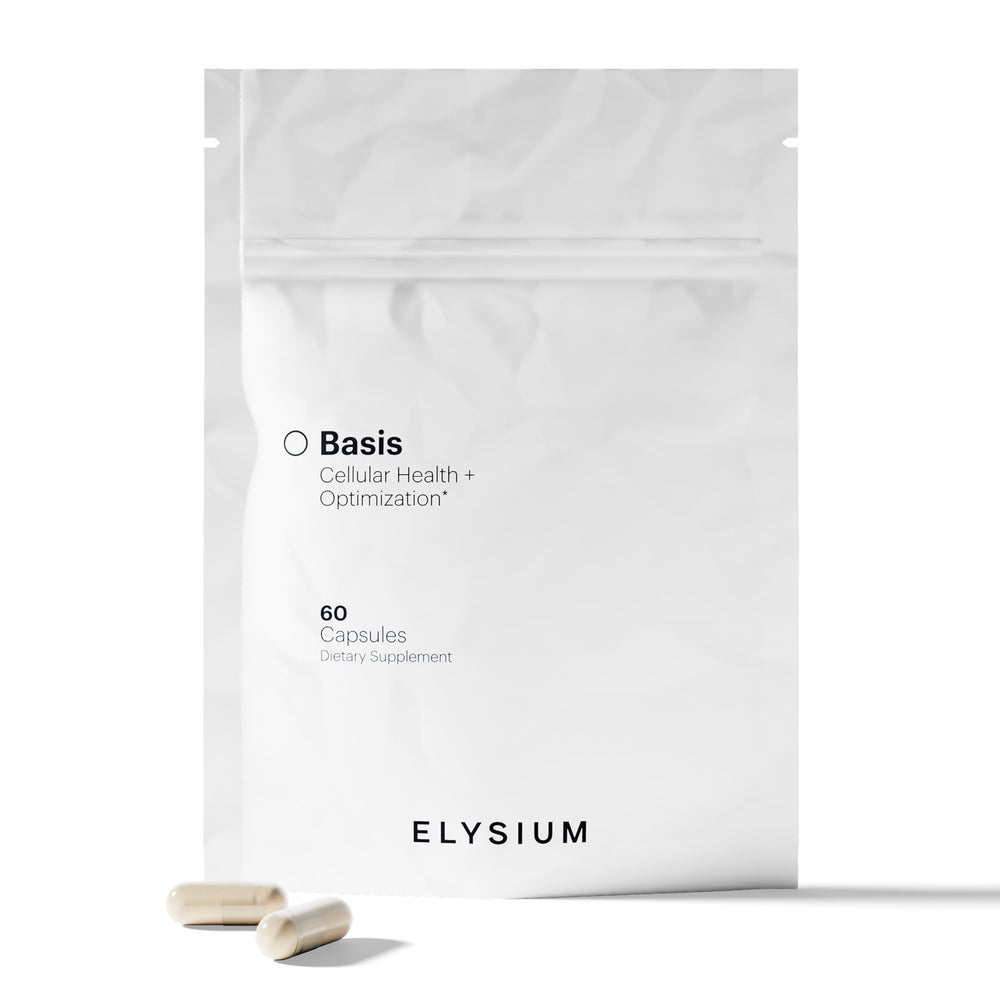ELYSIUM Basis vista frontal del envase mostrando la marca y el contenido para confianza