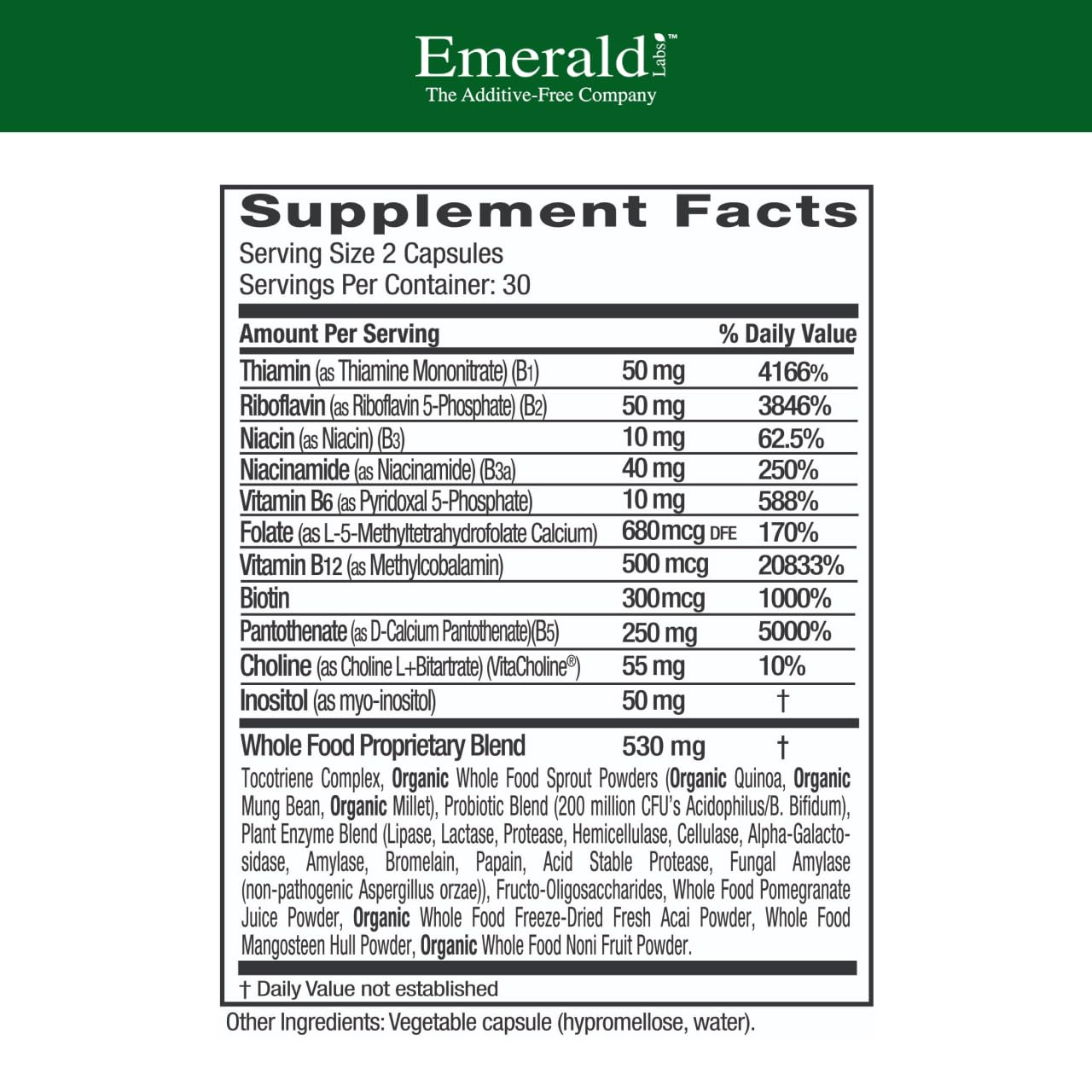 EMERALD LABS detalle de cápsula B-Healthy que destaca textura y pureza