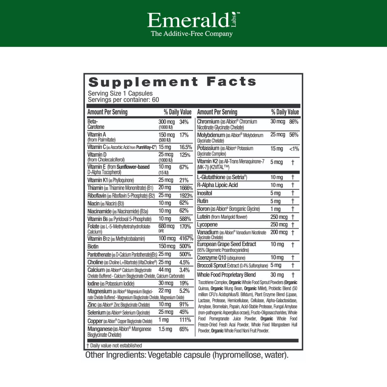 EMERALD LABS detalle de cápsula vegetal, textura que sugiere calidad y pureza