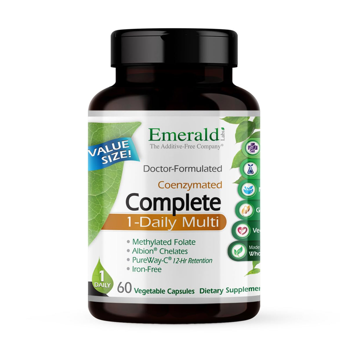EMERALD LABS frasco frente mostrando diseño y cantidad, fácil identificación del producto