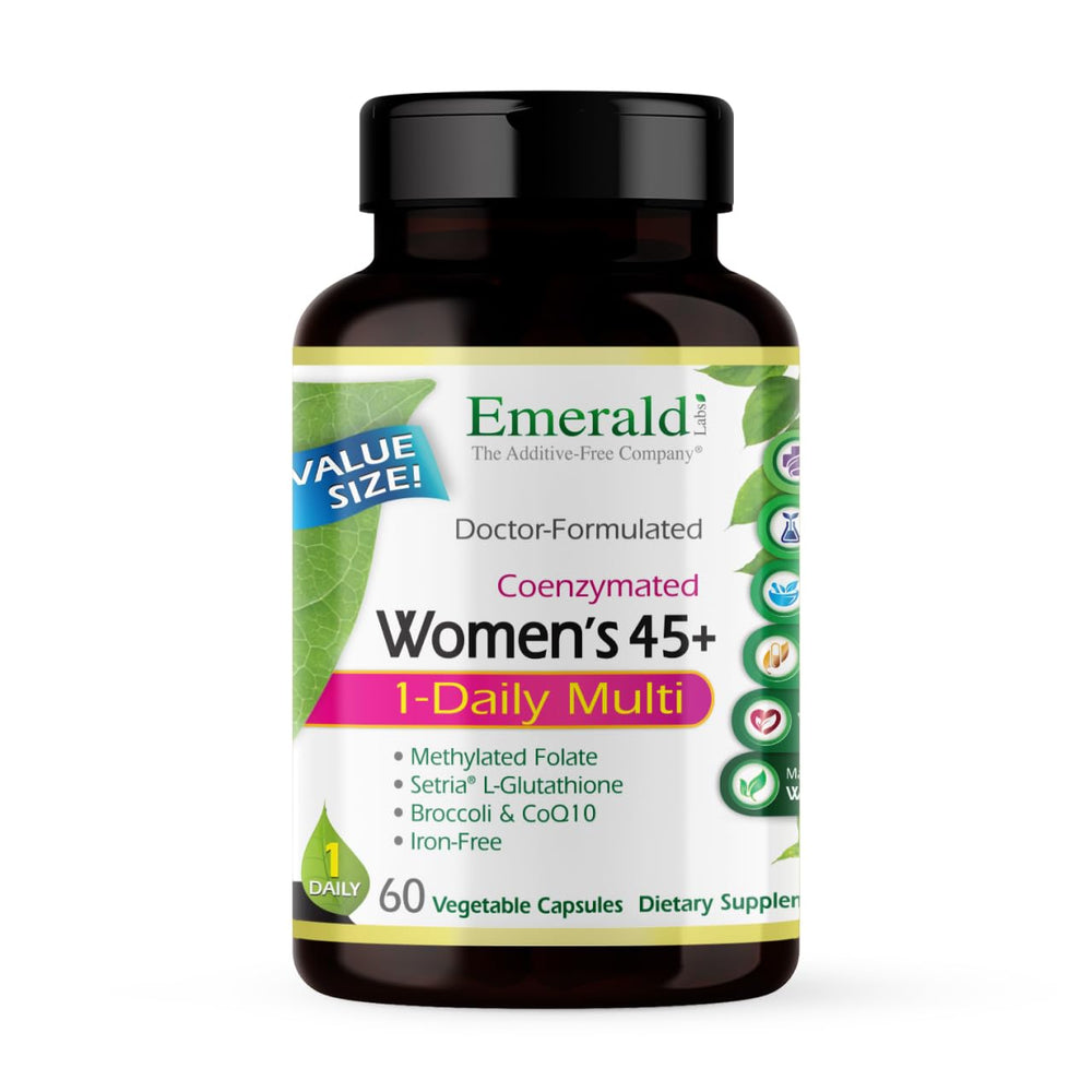 EMERALD LABS envase frontal que muestra fórmula para mujeres 45+, fácil identificación