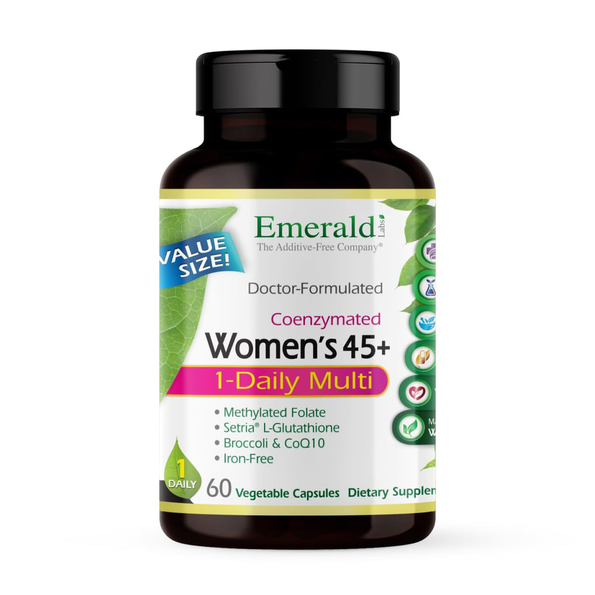 EMERALD LABS envase frontal que muestra fórmula para mujeres 45+, fácil identificación