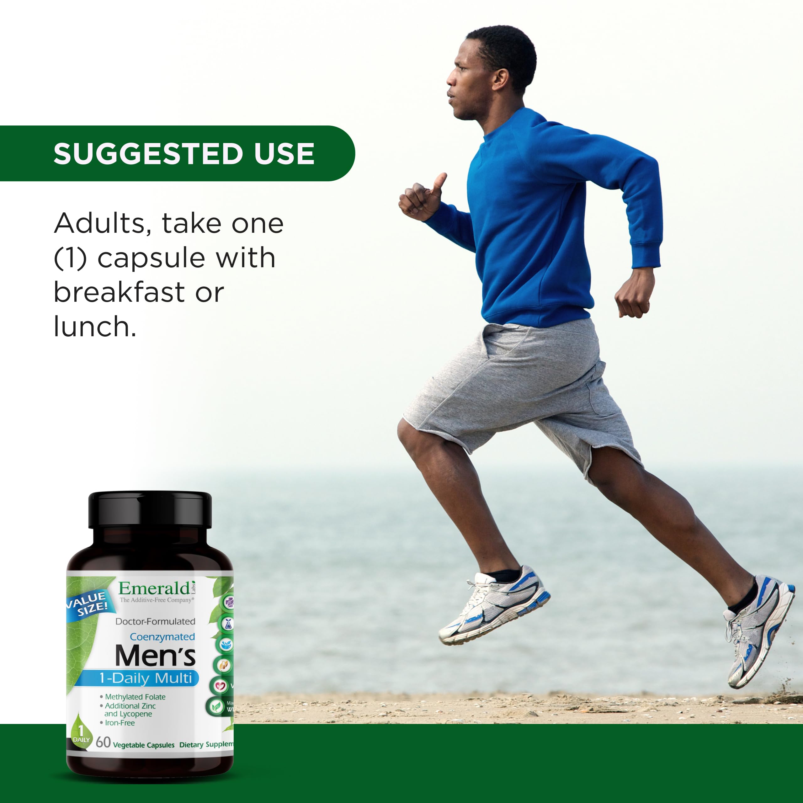 EMERALD LABS hombre tomando suplemento en rutina matutina, apoyo a la actividad