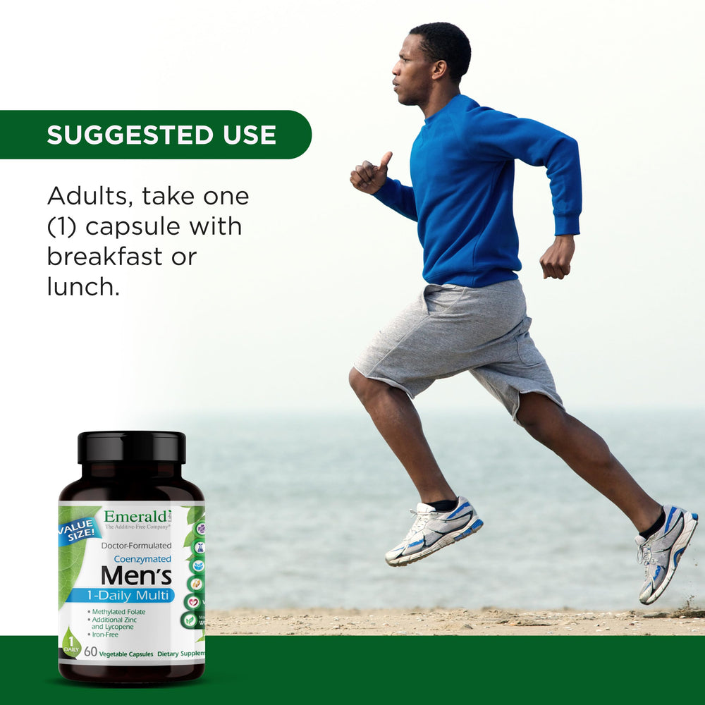EMERALD LABS hombre tomando suplemento en rutina matutina, apoyo a la actividad