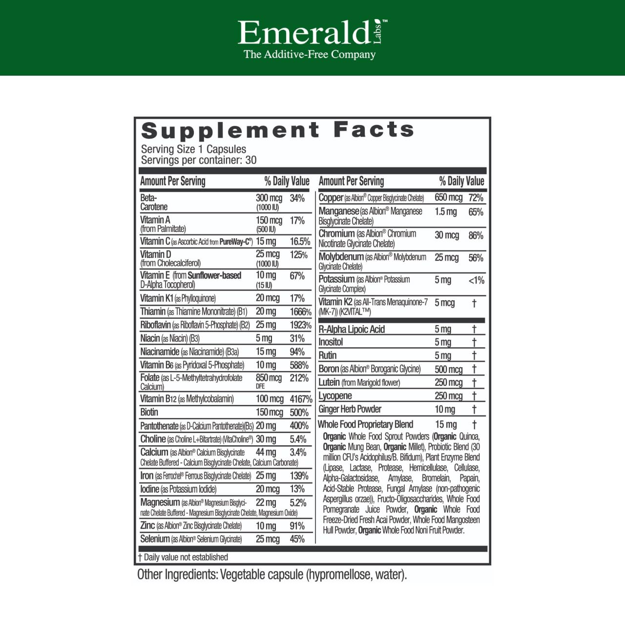 Emerald Labs cápsula vegetal en detalle, fácil de tragar