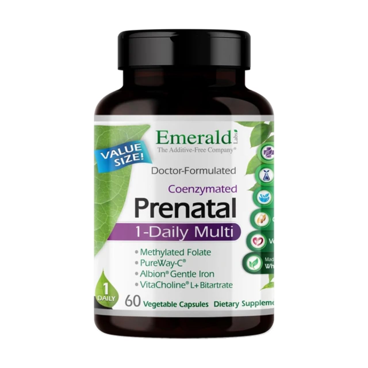 EMERALD LABS frasco frontal mostrando la etiqueta y beneficio de una cápsula diaria