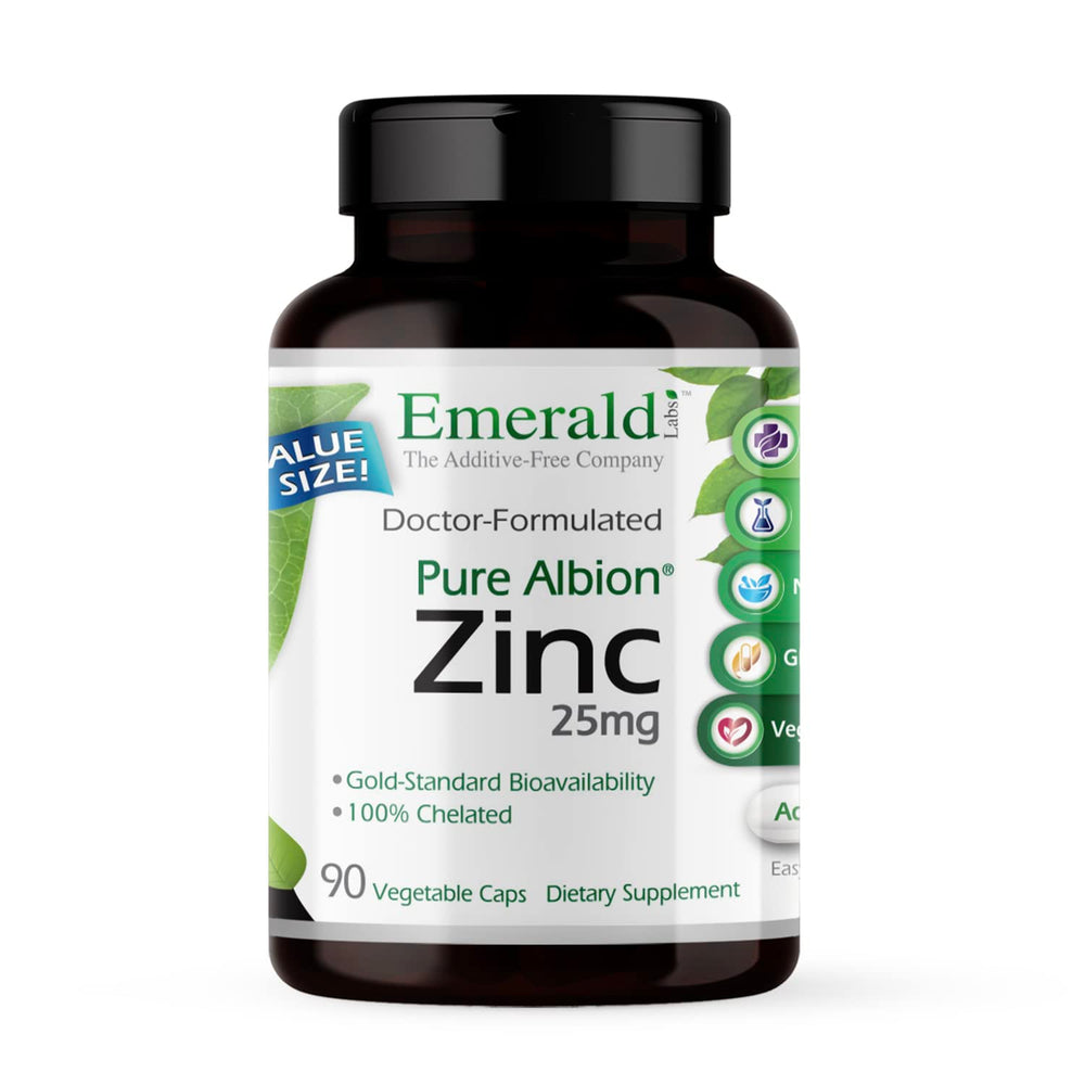 EMERALD LABS frasco frontal del suplemento zinc 25mg mostrando etiqueta clara y beneficio