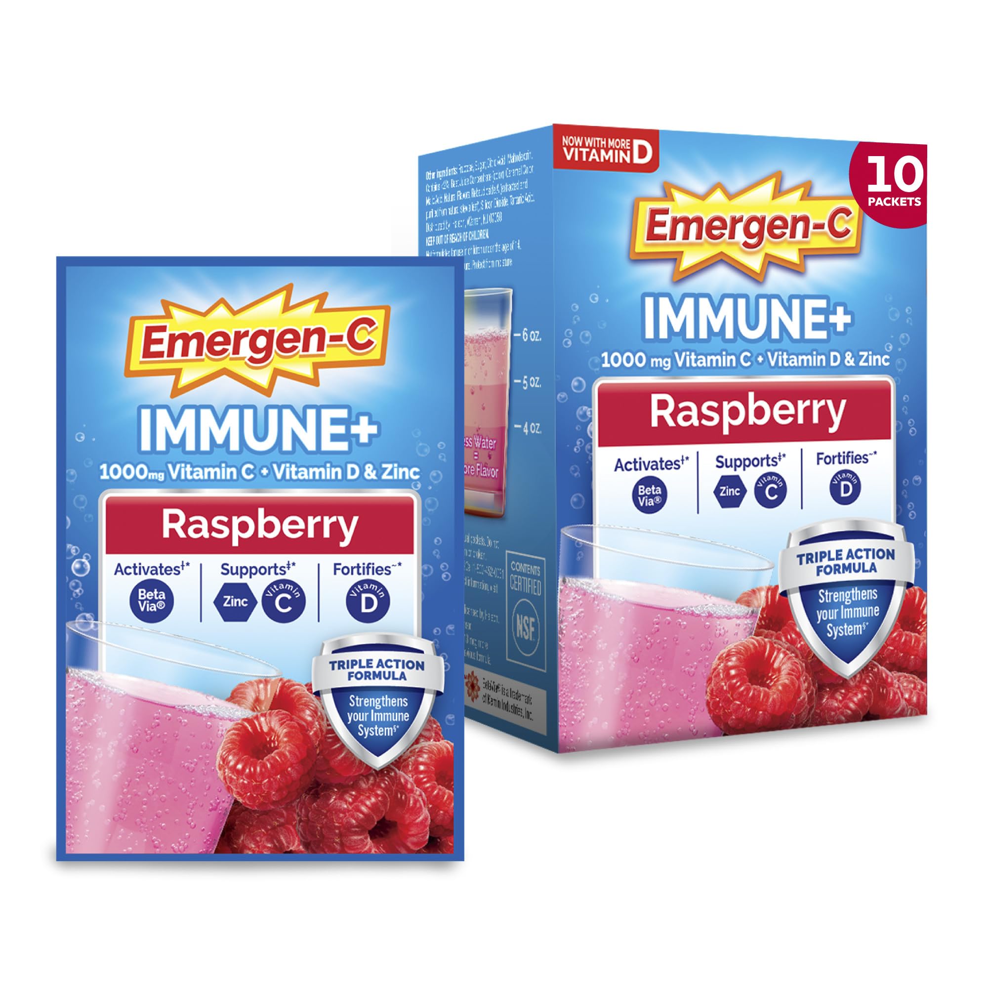 Emergen-C caja frontal sabor frambuesa mostrando 30 sobres y beneficios visibles