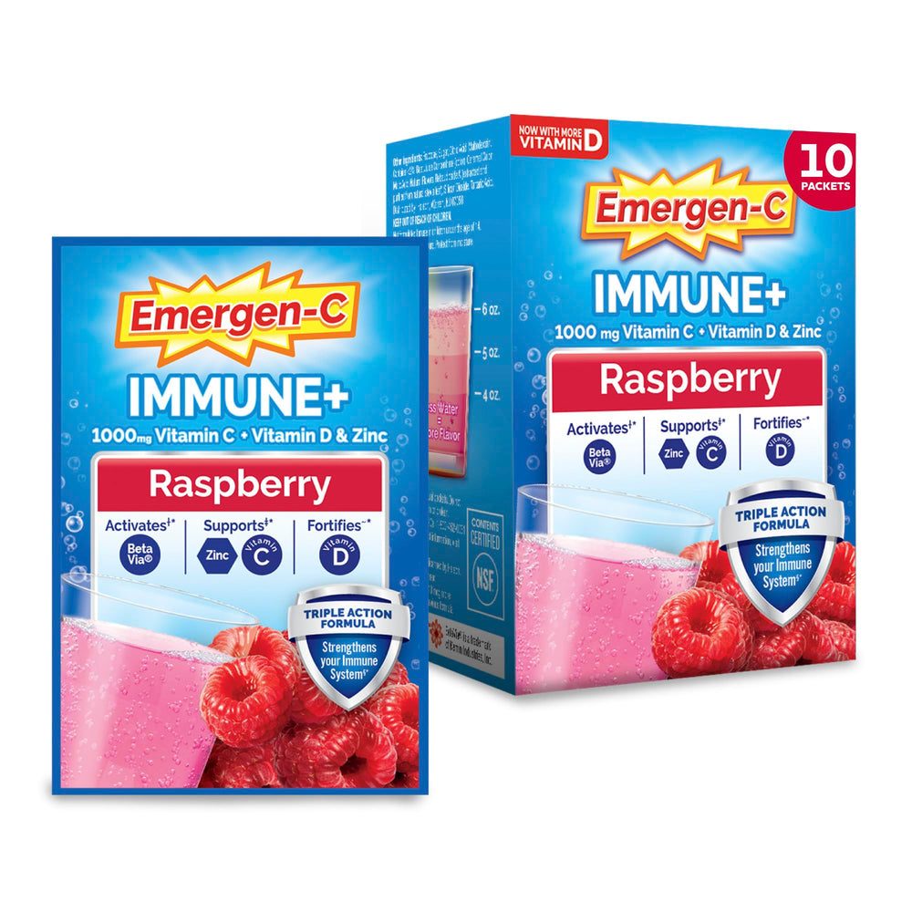 Emergen-C caja frontal sabor frambuesa mostrando 30 sobres y beneficios visibles