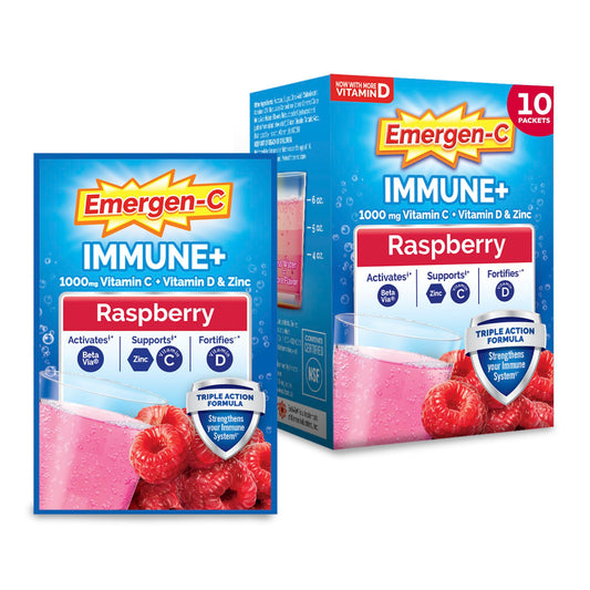 Emergen-C caja frontal sabor frambuesa mostrando 30 sobres y beneficios visibles