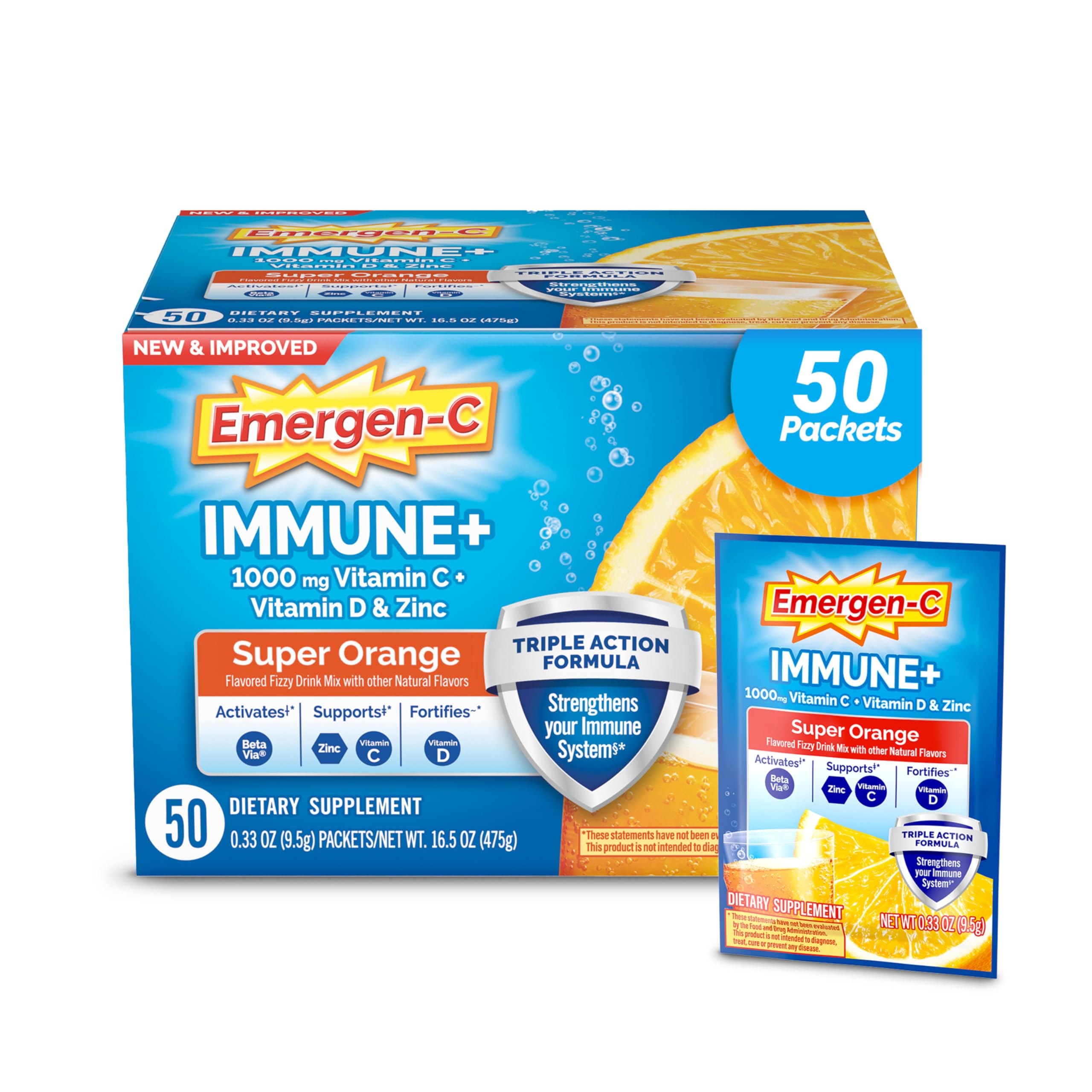 Emergen-C caja frontal Super Orange mostrando 50 sobres y beneficio conveniencia