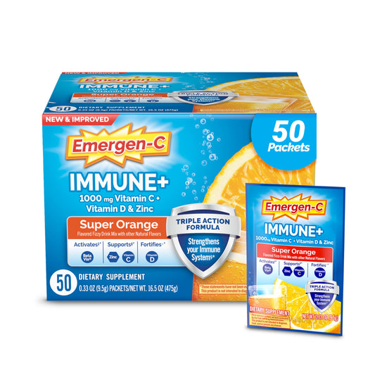 Emergen-C caja frontal Super Orange mostrando 50 sobres y beneficio conveniencia
