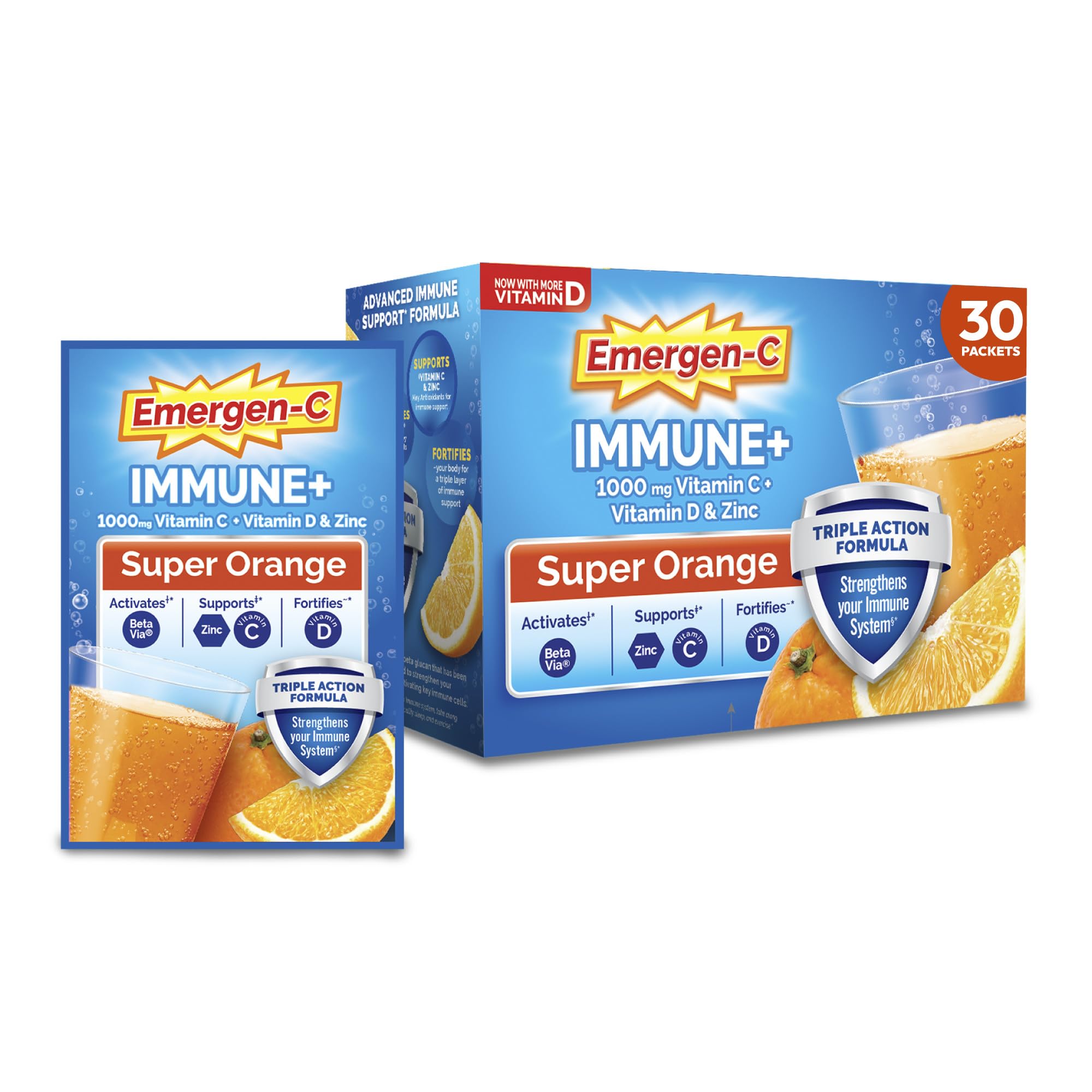 Emergen-C empaque frontal mostrando 30 sobres y beneficios visibles