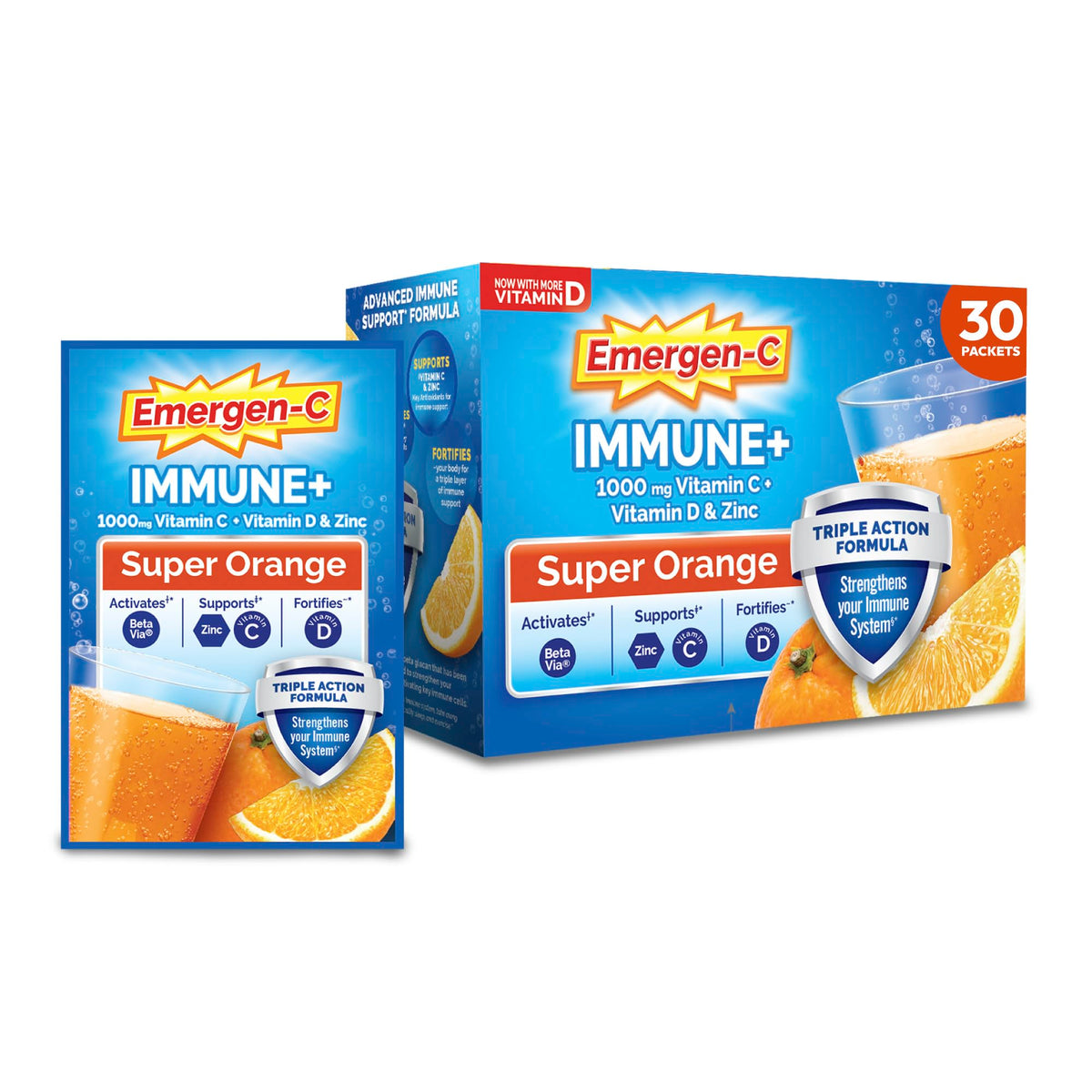 Emergen-C empaque frontal mostrando 30 sobres y beneficios visibles