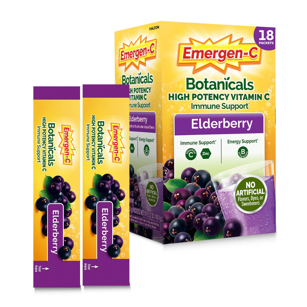 Emergen-C empaque frontal mostrando 18 sobres y beneficio portátil