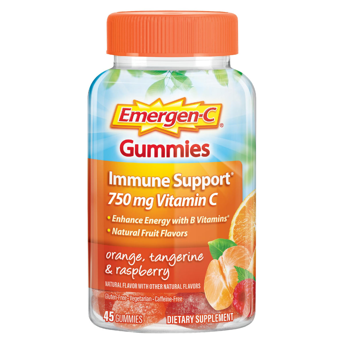 Emergen-C frasco delantero multiaroma mostrando 45 gomitas y beneficio de vitamina C