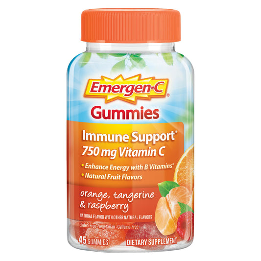 Emergen-C frasco delantero multiaroma mostrando 45 gomitas y beneficio de vitamina C
