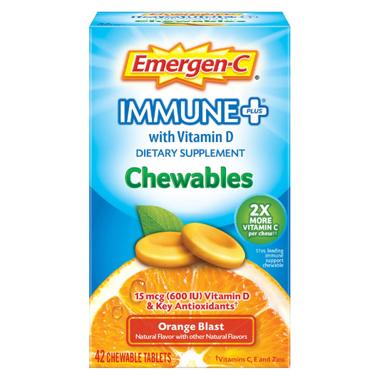 Emergen-C frasco frente mostrando 42 tabletas para conveniencia diaria