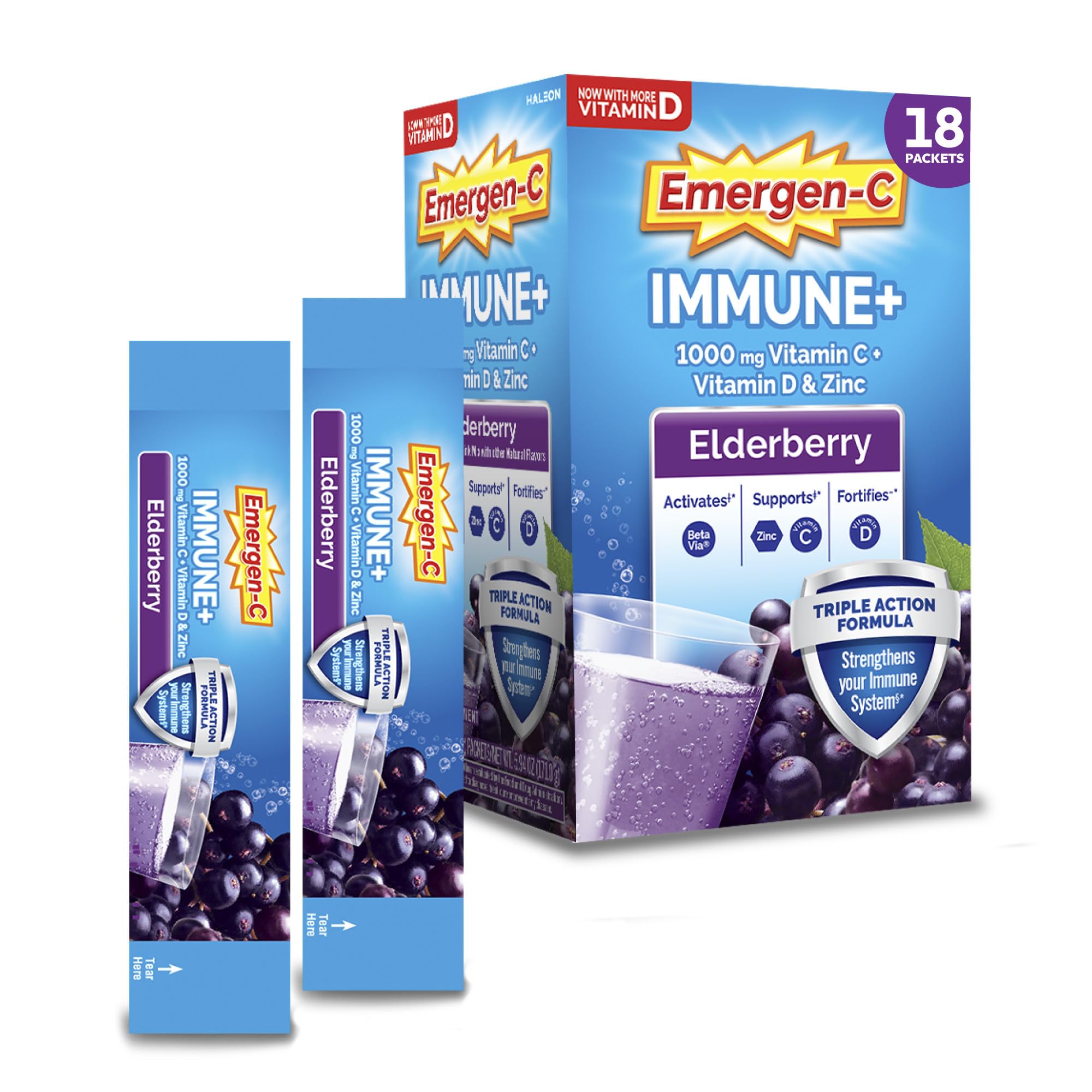 Emergen-C empaque frontal elderberry mostrando diseño y cantidad 18 sobres