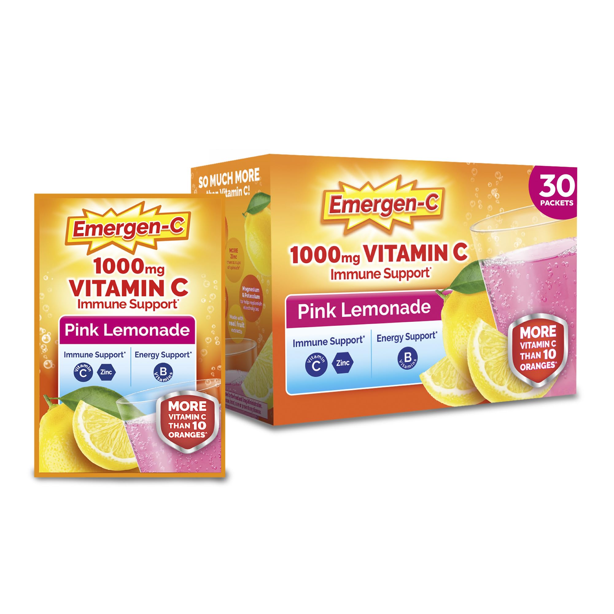 Emergen-C empaque frontal Pink Lemonade mostrando 30 sobres y beneficios