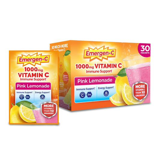 Emergen-C empaque frontal Pink Lemonade mostrando 30 sobres y beneficios