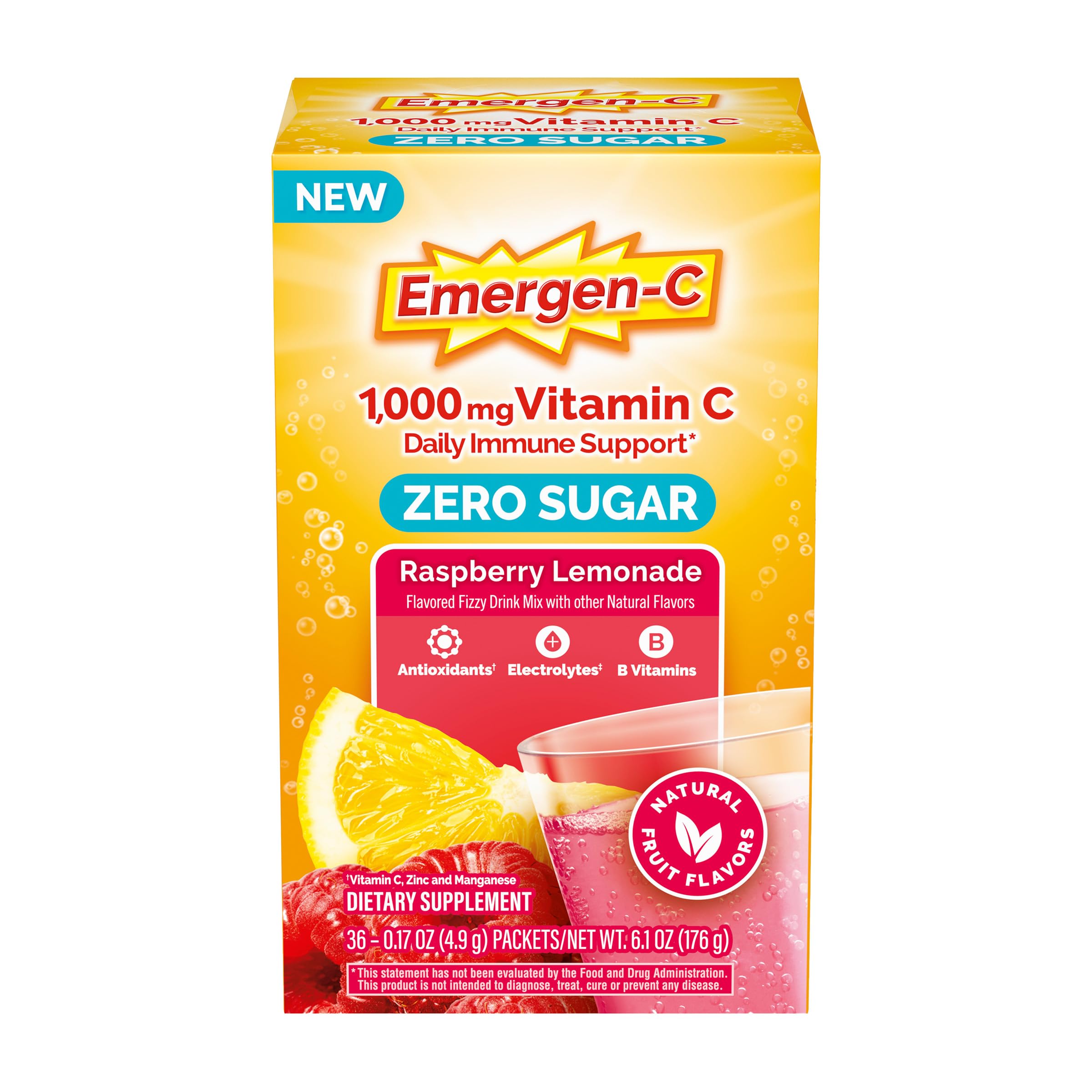 Emergen-C frente del empaque mostrando 36 sobres y beneficios