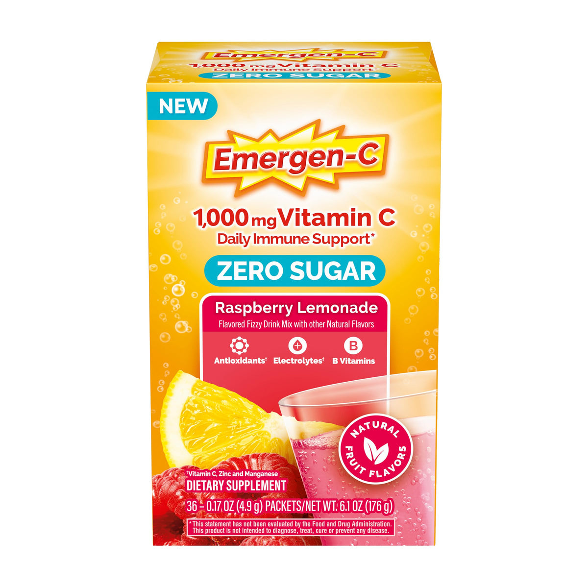 Emergen-C frente del empaque mostrando 36 sobres y beneficios
